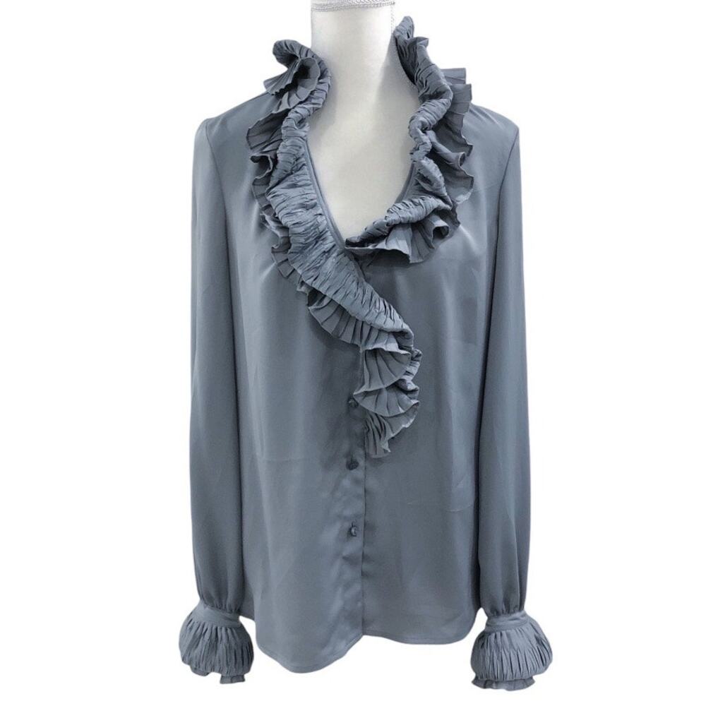 Escada 90's Y2k Gray Ruffle Button Up Blouse